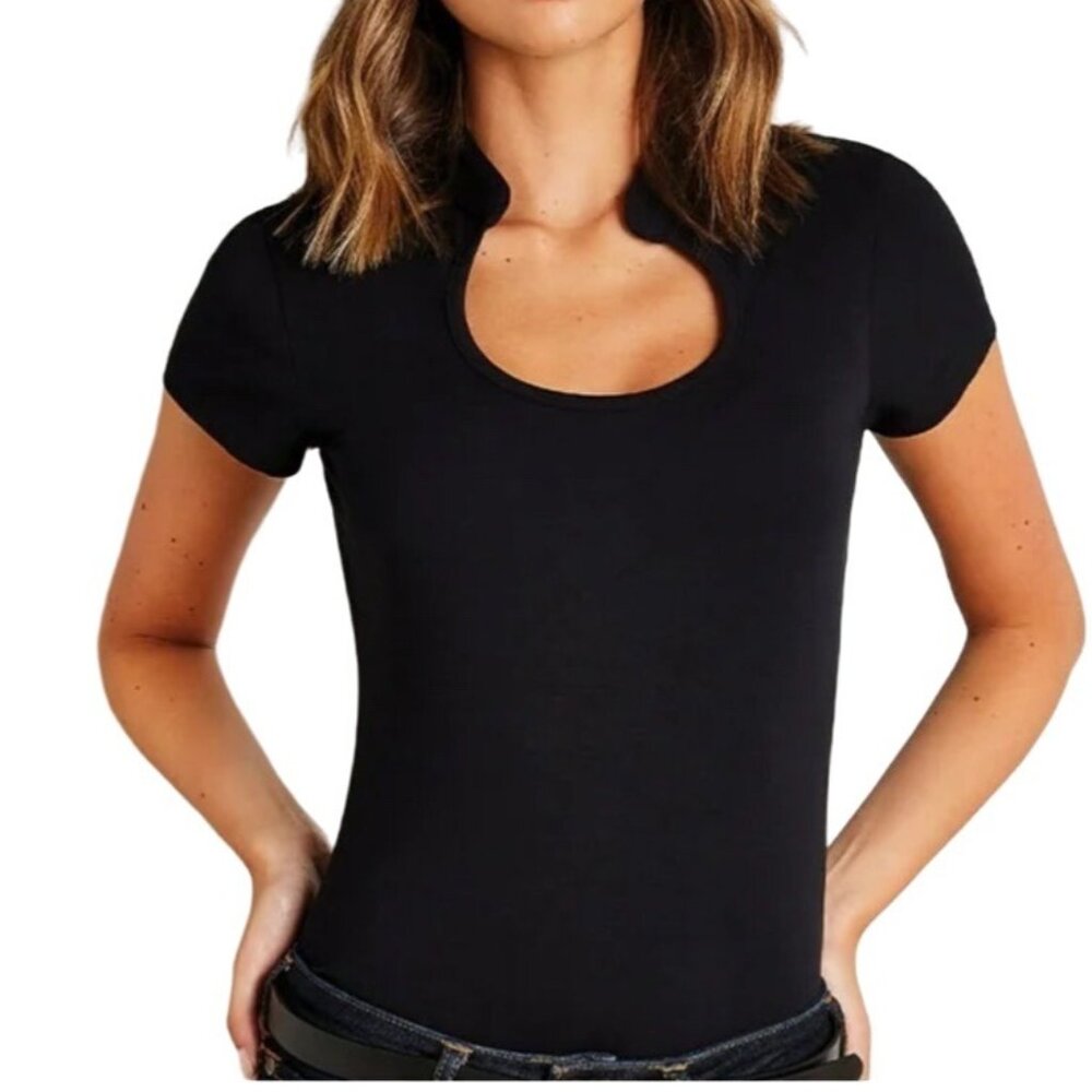 LAFAYETTE 148 black jersey Short Sleeve Keyhole Neck Top size XS